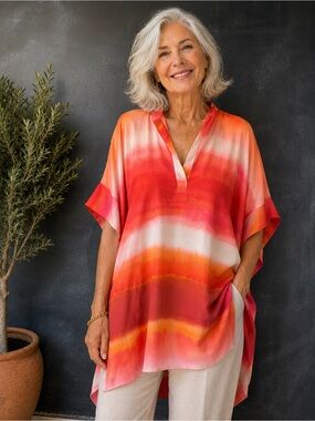 NWT Natori Sunset Ombre Caftan Tunic Top Pink Orange Resort Small